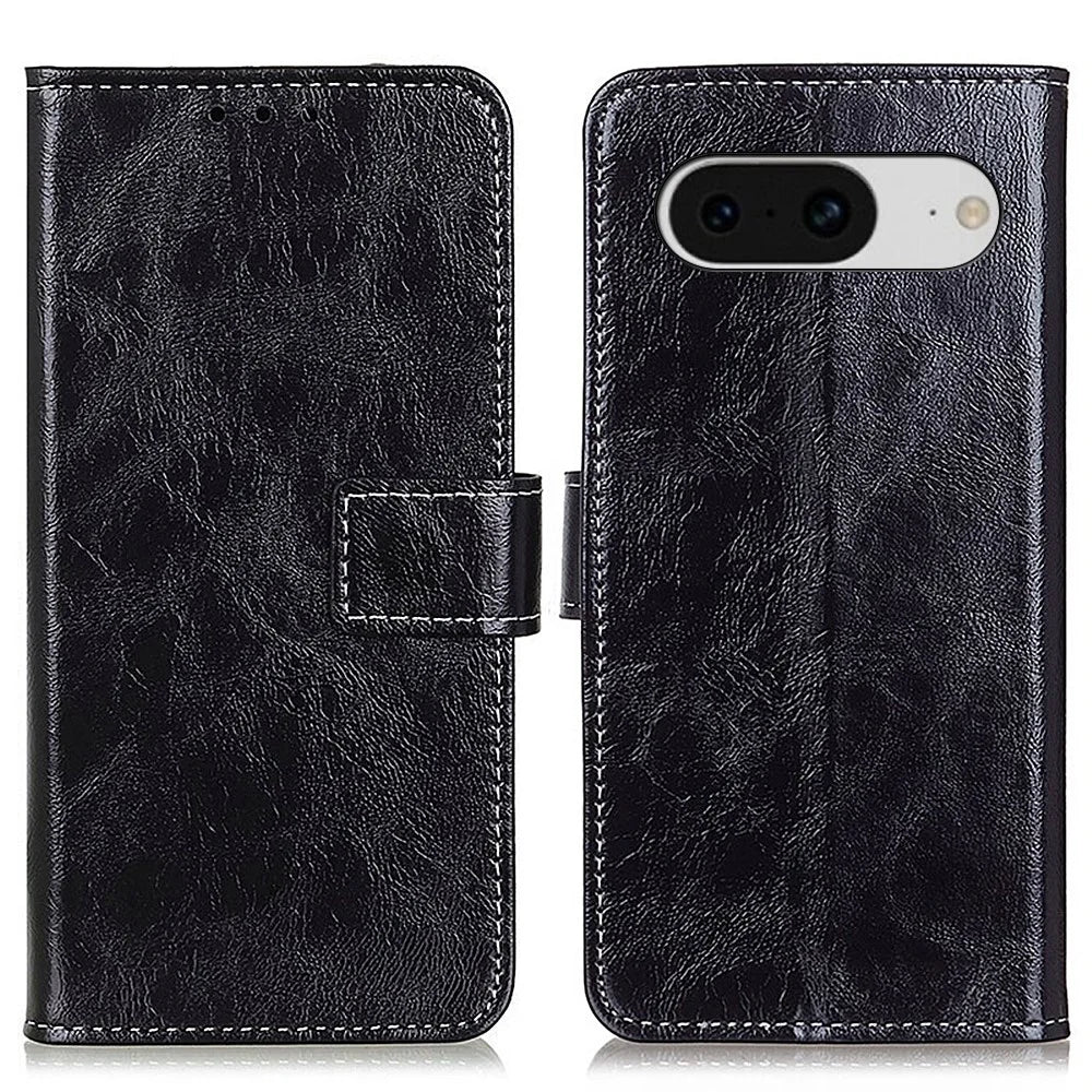 Retro Crazy Horse Texture Leather Case for Google Pixel 8 , Stand Wallet Cell Phone Cover - Black - 1
