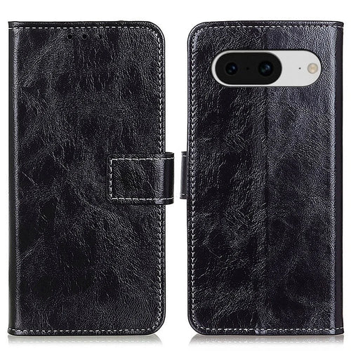 Retro Crazy Horse Texture Leather Case for Google Pixel 8 , Stand Wallet Cell Phone Cover - Black - 1