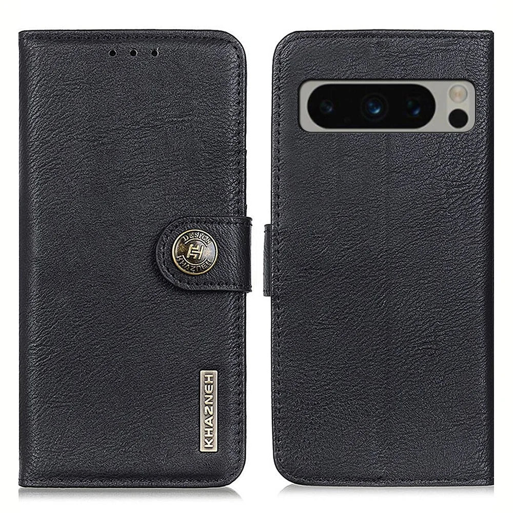KHAZNEH for Google Pixel 8 Pro Wallet Stand Leather Phone Case Cowhide Texture Phone Cover - Black - 1