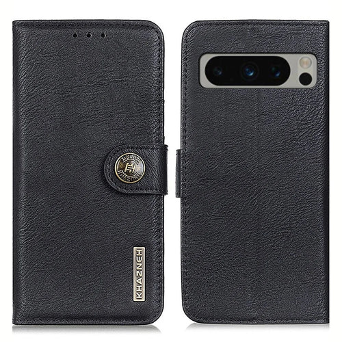 KHAZNEH for Google Pixel 8 Pro Wallet Stand Leather Phone Case Cowhide Texture Phone Cover - Black - 1