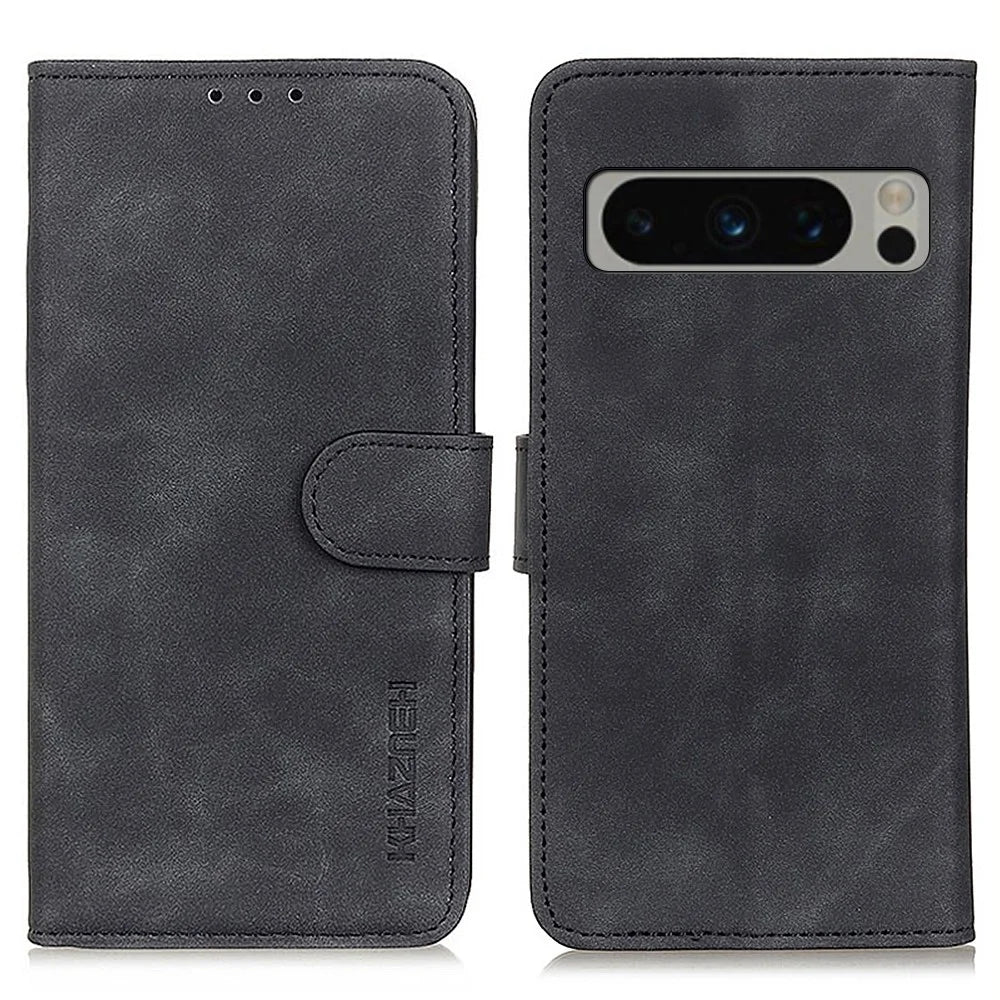 KHAZNEH For Google Pixel 8 Pro Retro Leather Phone Case Wallet Stand Cell Phone Cover - Black - 1