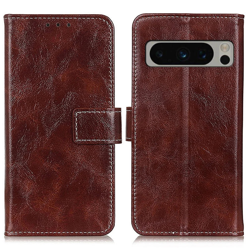 PU Leather Stand Case for Google Pixel 8 Pro , Retro Crazy Horse Texture Wallet Protective Cover - Brown - 1