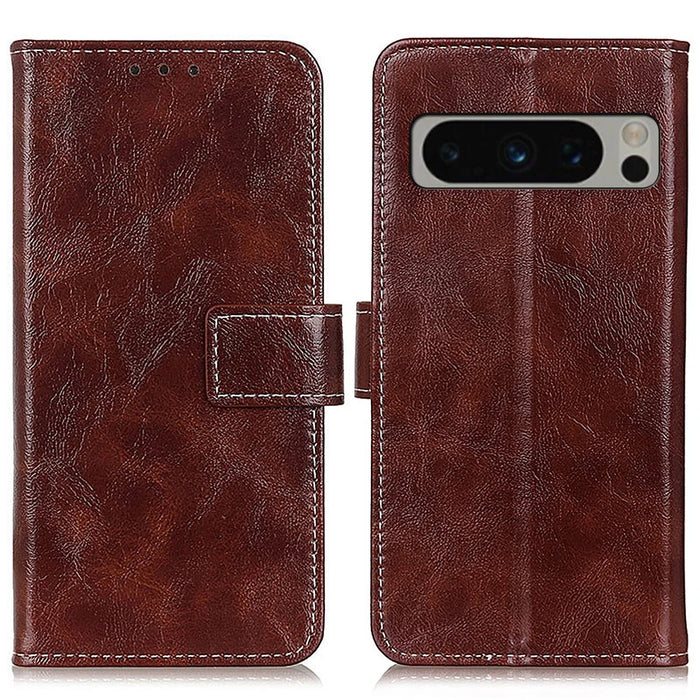 PU Leather Stand Case for Google Pixel 8 Pro , Retro Crazy Horse Texture Wallet Protective Cover - Brown - 1