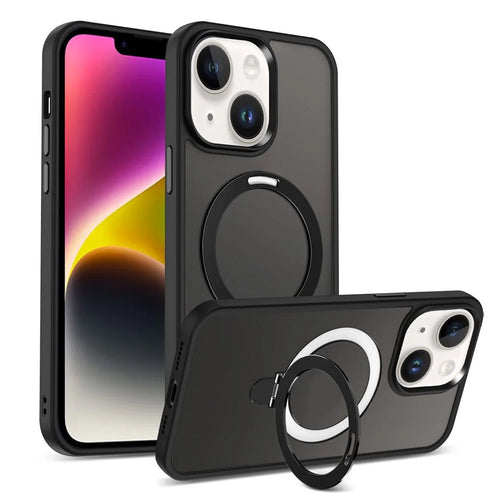 For iPhone 13 / 14 6.1 inch Compatible with MagSafe Phone Case PC+TPU Ring Kickstand Protective Cover - Black - 1