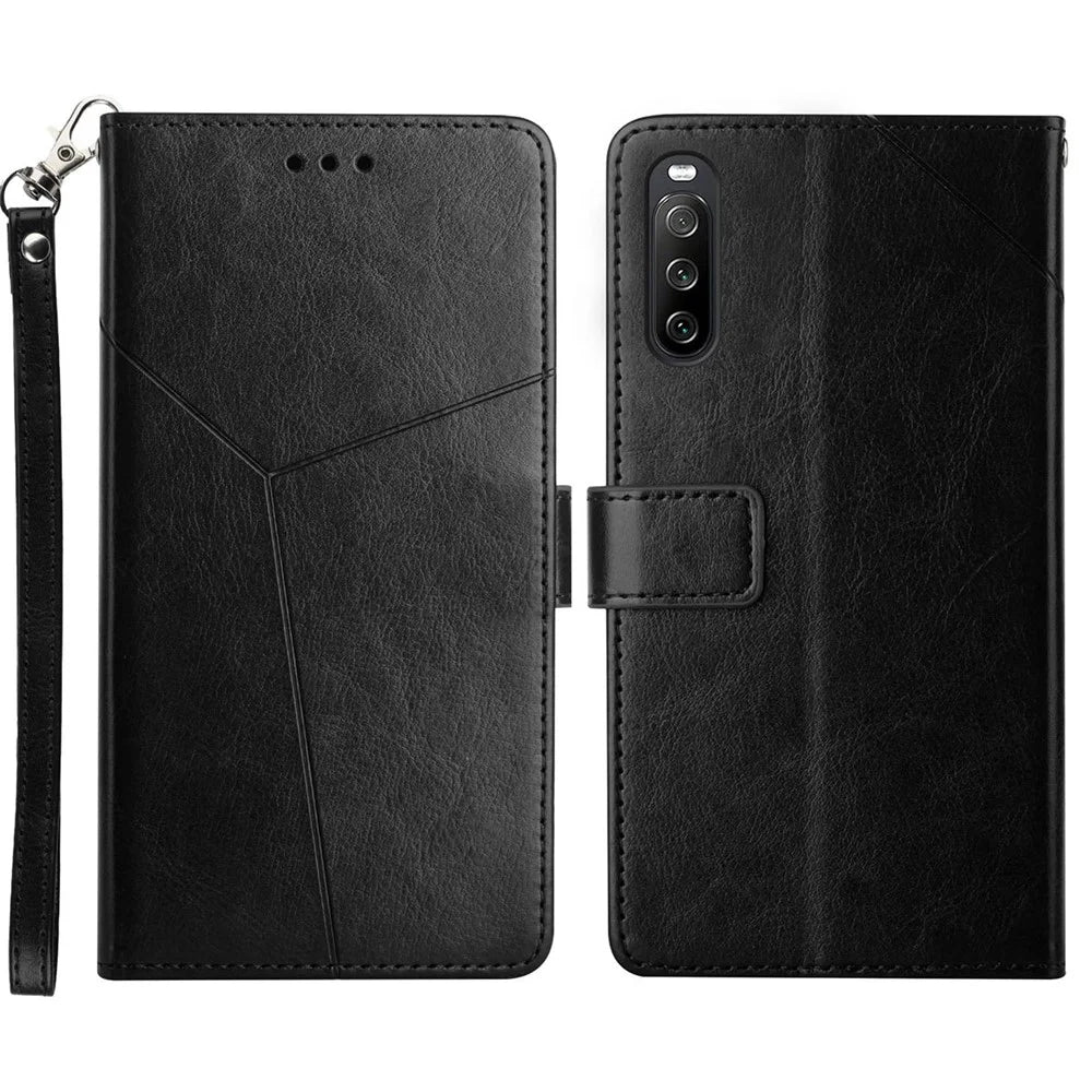 HT01 For Sony Xperia 10 V TPU+PU Leather Phone Case Imprinted Y-shaped Line Flip Stand Wallet Cover - Black - 1