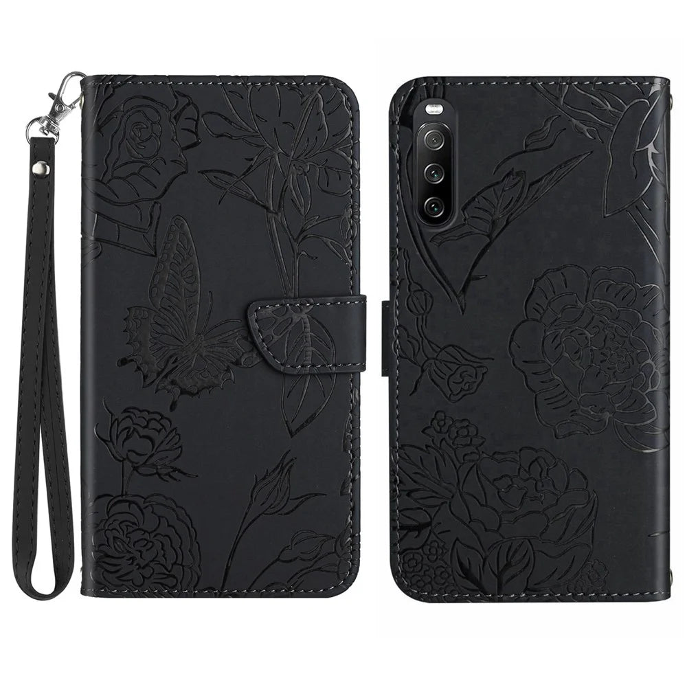 HT03 PU Leather Flip Phone Case for Sony Xperia 10 V Stand Wallet Butterfly Flowers Imprinted Cover with Strap - Black - 1