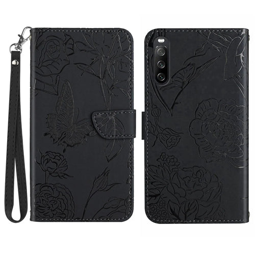 HT03 PU Leather Flip Phone Case for Sony Xperia 10 V Stand Wallet Butterfly Flowers Imprinted Cover with Strap - Black - 1