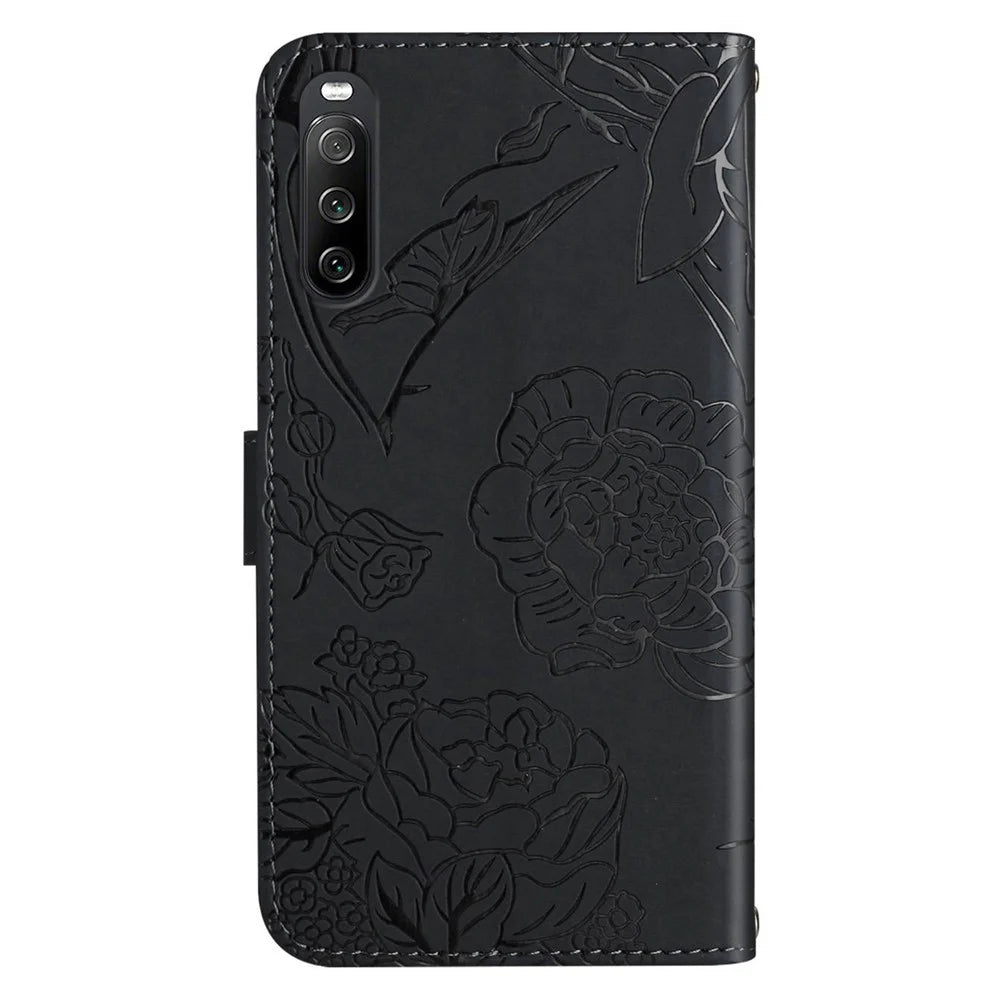 HT03 PU Leather Flip Phone Case for Sony Xperia 10 V Stand Wallet Butterfly Flowers Imprinted Cover with Strap - Black - 7