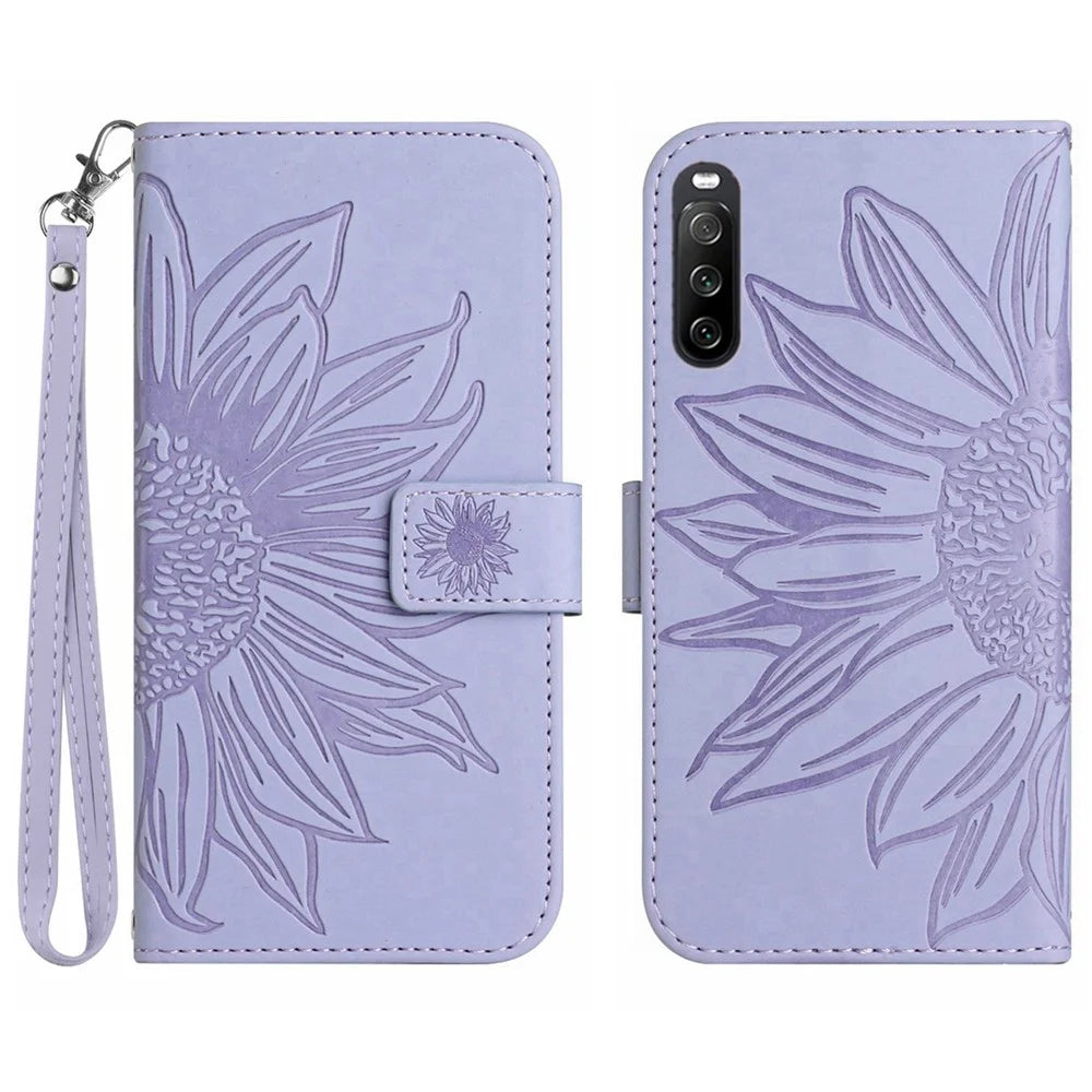 HT04 For Sony Xperia 10 V Sunflower Imprinted Phone Cover Leather Stand Wallet Case with Hand Strap - Light Purple - 1
