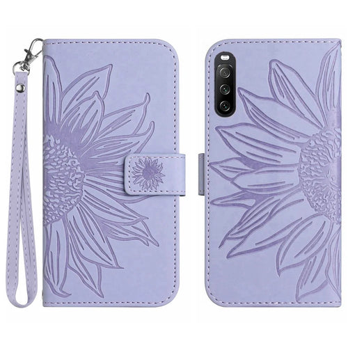 HT04 For Sony Xperia 10 V Sunflower Imprinted Phone Cover Leather Stand Wallet Case with Hand Strap - Light Purple - 1