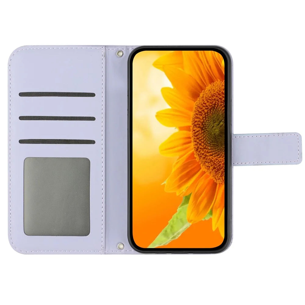 HT04 For Sony Xperia 10 V Sunflower Imprinted Phone Cover Leather Stand Wallet Case with Hand Strap - Light Purple - 2