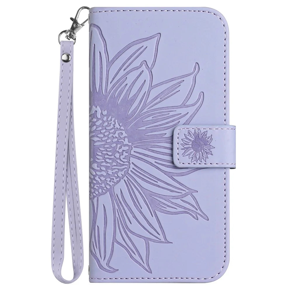HT04 For Sony Xperia 10 V Sunflower Imprinted Phone Cover Leather Stand Wallet Case with Hand Strap - Light Purple - 7