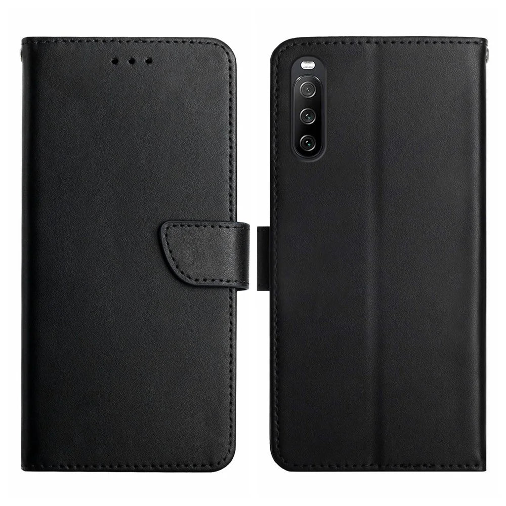 HT02 For Sony Xperia 10 V Nappa Texture Genuine Cow Leather Phone Case Stand Wallet Flip Phone Cover - Black - 1