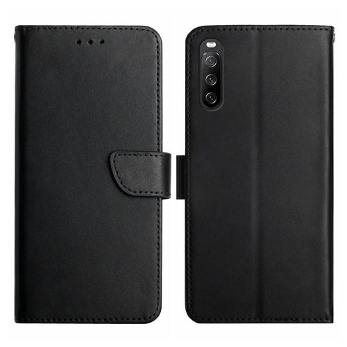 HT02 For Sony Xperia 10 V Nappa Texture Genuine Cow Leather Phone Case Stand Wallet Flip Phone Cover - Black - 1