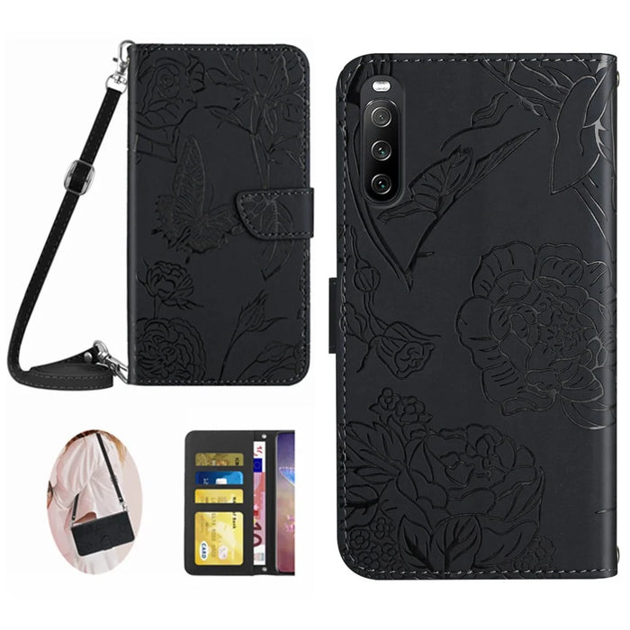 HT03 For Sony Xperia 10 V Skin-touch Leather Phone Case Imprinted Stand Wallet Cover with Shoulder Strap - Black - 1