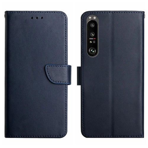 HT02 For Sony Xperia 1 V Nappa Texture Phone Case Stand Wallet Genuine Cow Leather Flip Phone Cover - Blue - 1