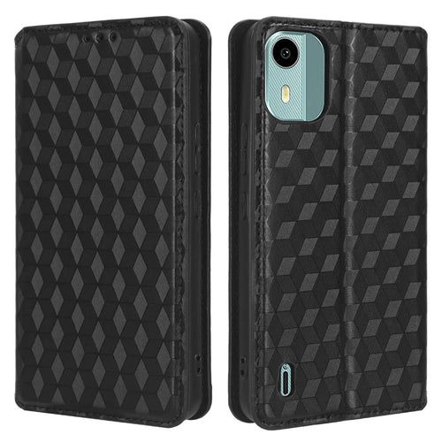 For Nokia C12 4G / C12 Pro / C12 Plus PU Leather Phone Case Rhombus Imprinted Wallet Stand Flip Cover - Black - 1