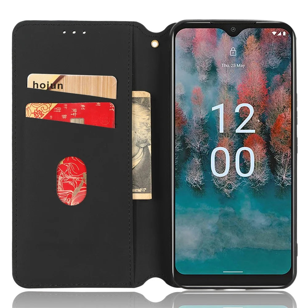 For Nokia C12 4G / C12 Pro / C12 Plus PU Leather Phone Case Rhombus Imprinted Wallet Stand Flip Cover - Black - 2