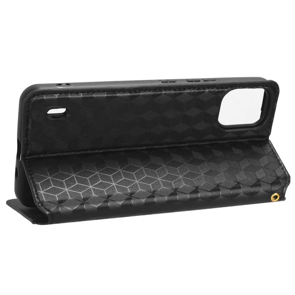 For Nokia C12 4G / C12 Pro / C12 Plus PU Leather Phone Case Rhombus Imprinted Wallet Stand Flip Cover - Black - 3
