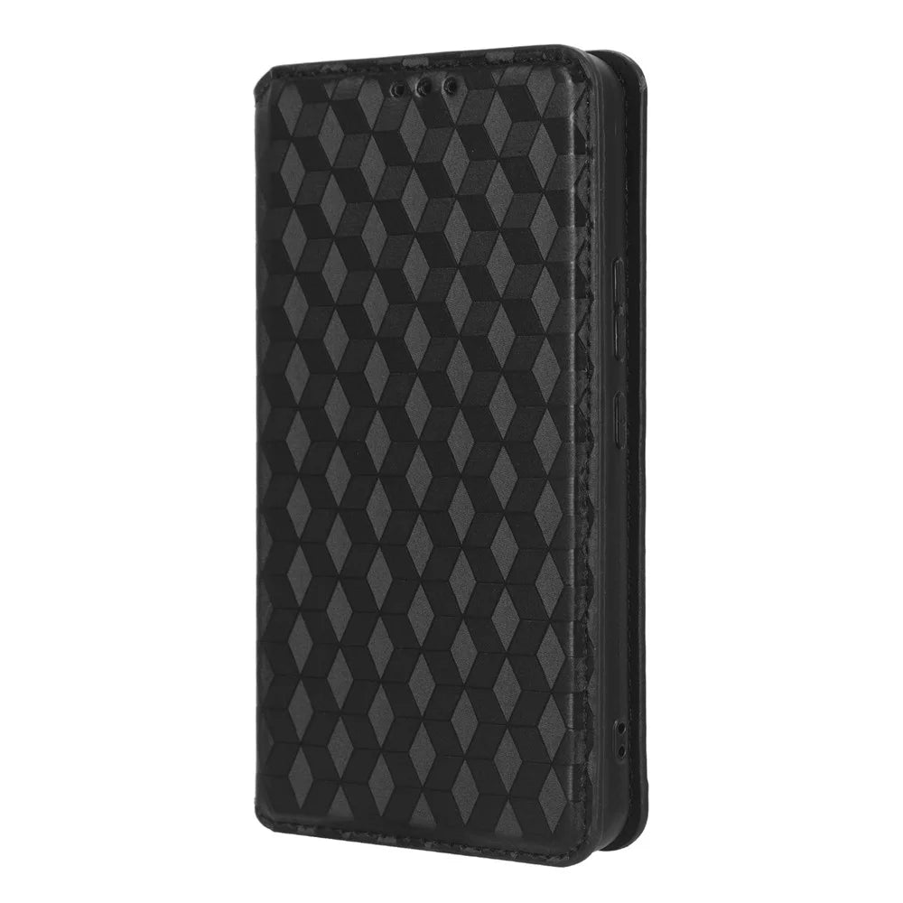 For Nokia C12 4G / C12 Pro / C12 Plus PU Leather Phone Case Rhombus Imprinted Wallet Stand Flip Cover - Black - 7
