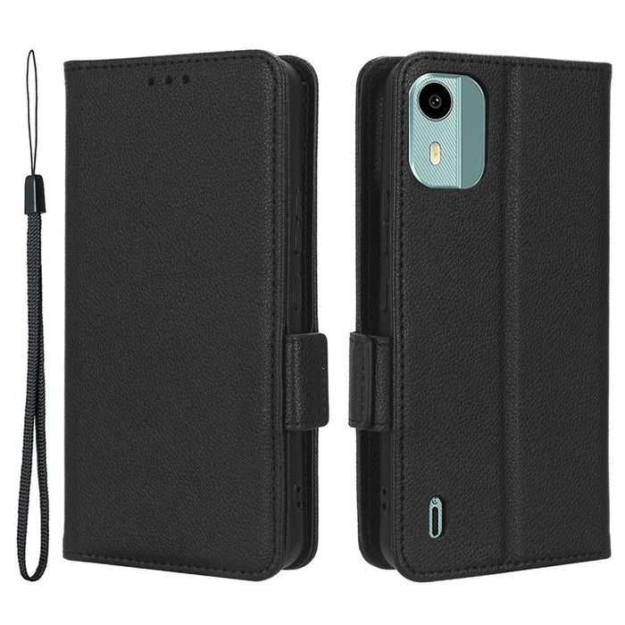 Wallet Case for Nokia C12 4G / C12 Pro / C12 Plus PU Leather Litchi Texture Flip Stand Phone Cover with Strap - Black - 1