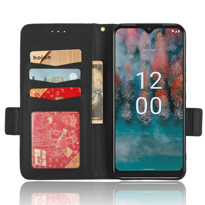 Wallet Case for Nokia C12 4G / C12 Pro / C12 Plus PU Leather Litchi Texture Flip Stand Phone Cover with Strap - Black - 2
