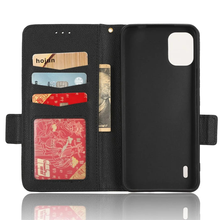 Wallet Case for Nokia C12 4G / C12 Pro / C12 Plus PU Leather Litchi Texture Flip Stand Phone Cover with Strap - Black - 4