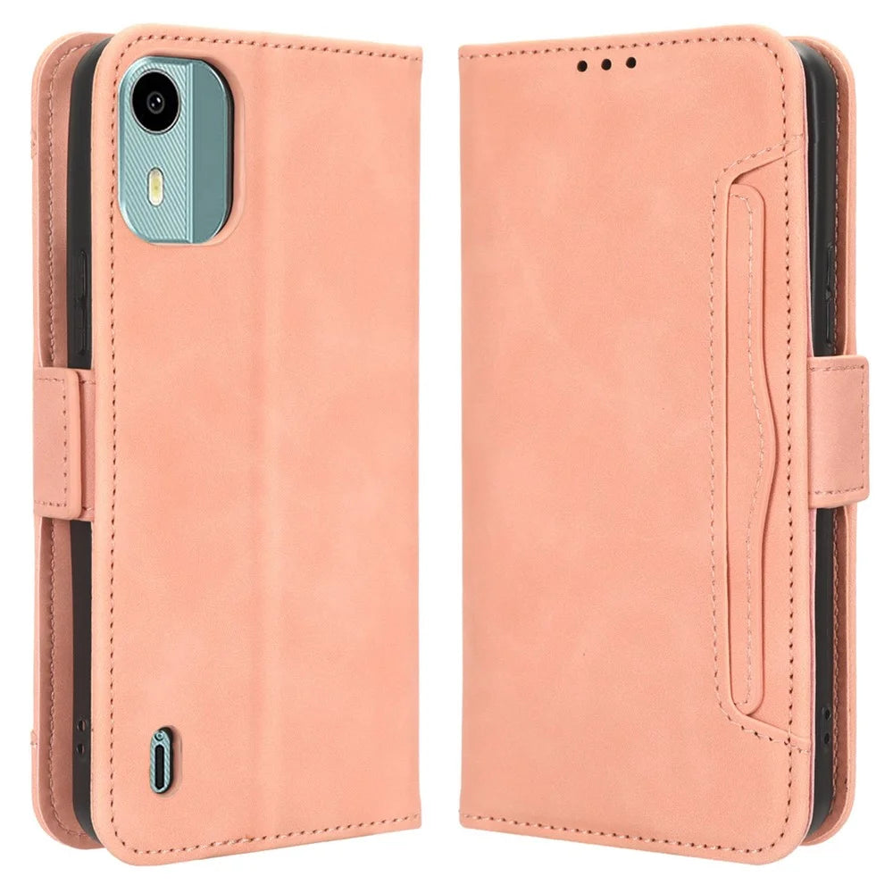 For Nokia C12 4G / C12 Pro / C12 Plus Multiple Card Slots Wallet Phone Cover PU Leather Phone Stand Protective Case - Pink - 1