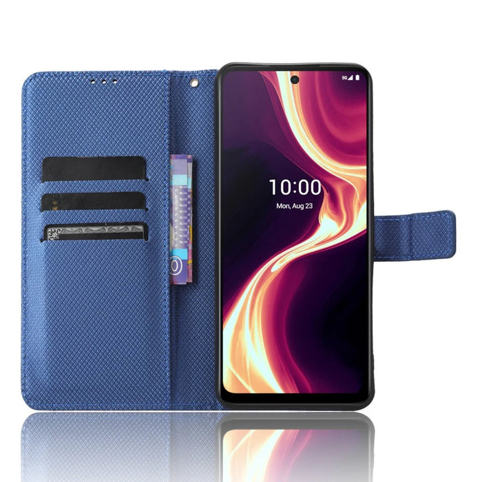 For Boost Mobile Celero 5G+ Diamond Texture PU Leather+TPU Cell Phone Cover Flip Stand Wallet Case - Blue - 2
