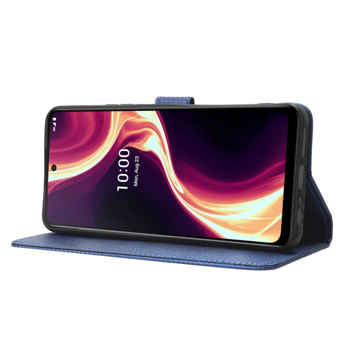 For Boost Mobile Celero 5G+ Diamond Texture PU Leather+TPU Cell Phone Cover Flip Stand Wallet Case - Blue - 3
