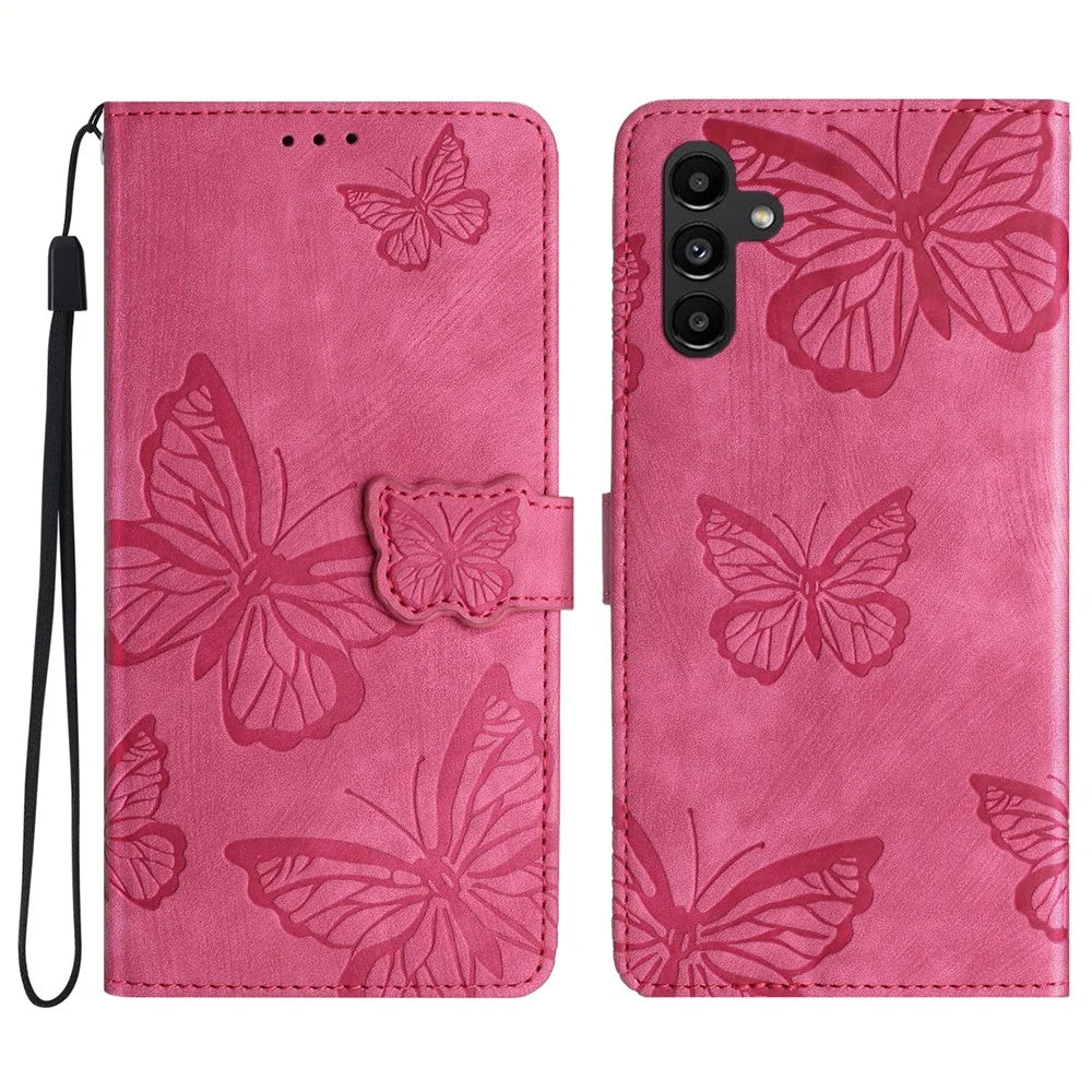 For Samsung Galaxy A54 5G Skin-touch Leather Stand Phone Case Butterfly Imprinted Wallet Cover - Rose - 1