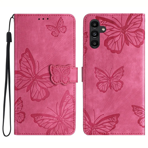 For Samsung Galaxy A34 5G Stand Wallet Phone Cover PU Leather Skin-touch Butterfly Imprinted Case - Rose - 1