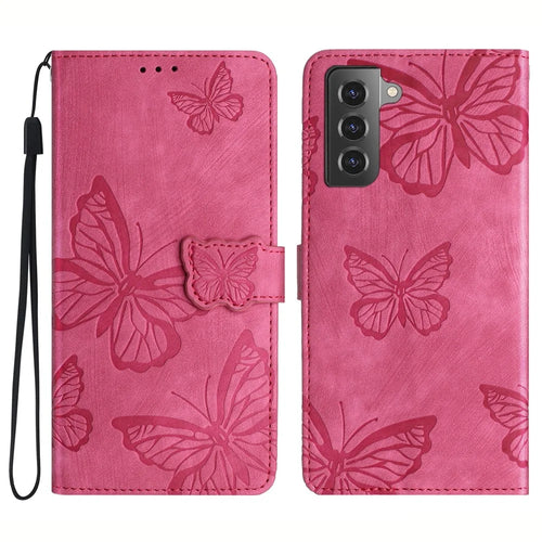 For Samsung Galaxy S22 5G Wallet Phone Case Skin-Touch Leather Cover Butterfly Imprinted Stand Phone Shell - Rose - 1