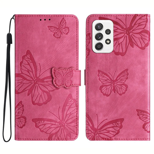 For Samsung Galaxy A52 4G / 5G / A52s 5G Anti-Fall Wallet Phone Case Butterfly Imprinted Skin-Touch Leather Phone Cover - Rose - 1
