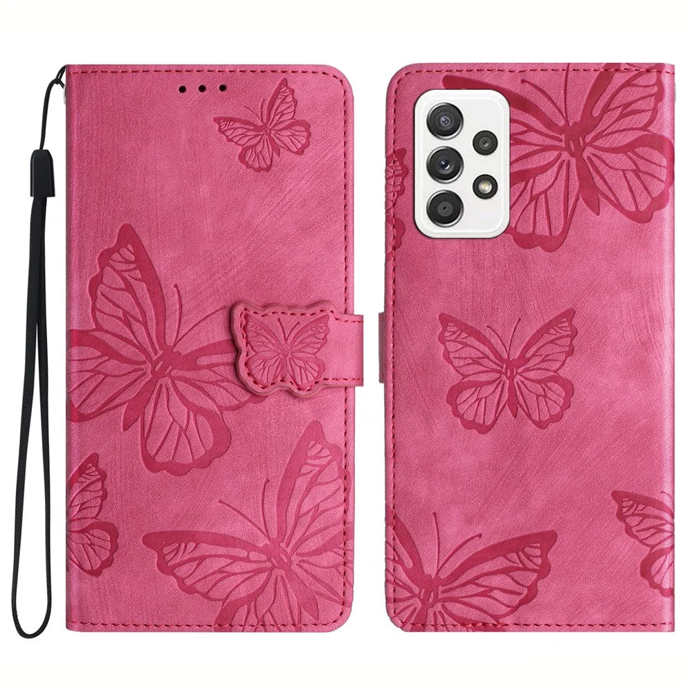 For Samsung Galaxy A33 5G Skin-Touch Phone Case Butterfly Imprinted Protective Leather Wallet Phone Cover - Rose - 1