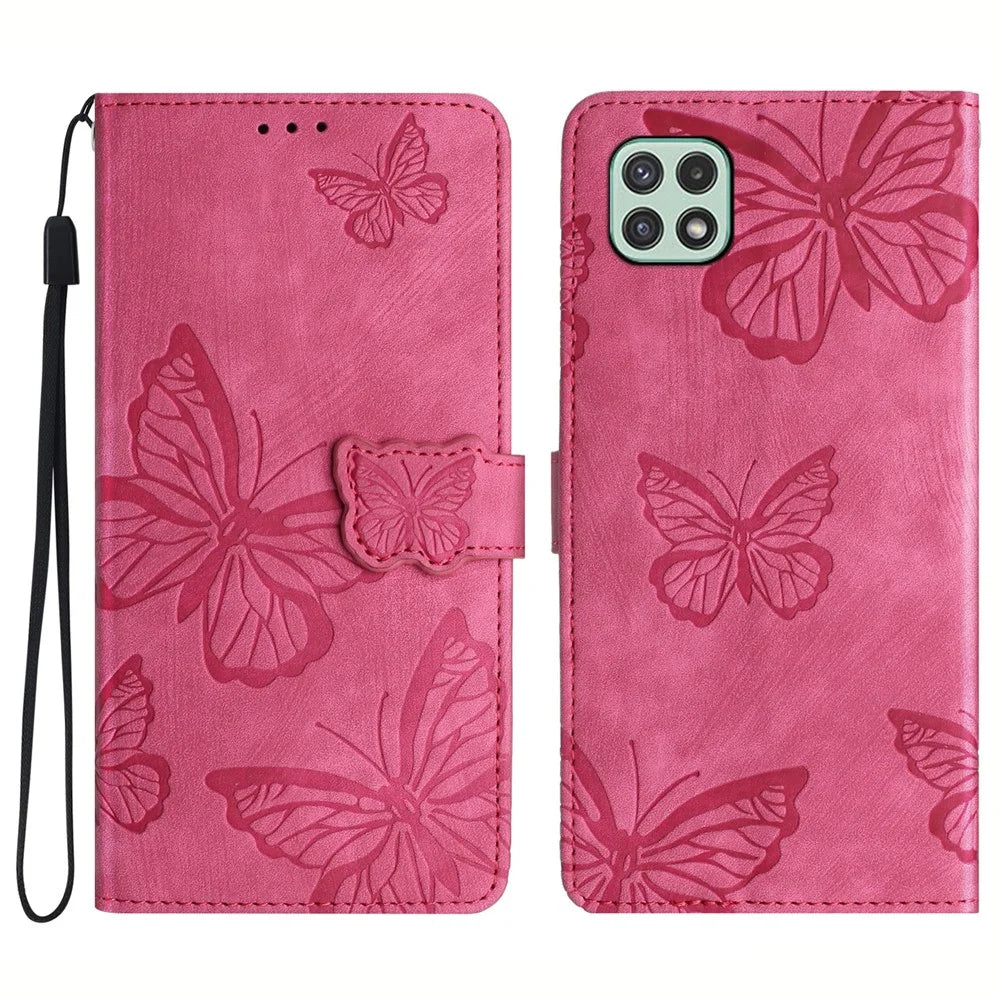Butterfly Imprinted Shell for Samsung Galaxy A22 5G (EU Version) Stand PU Leather Wallet Skin-touch Phone Cover - Rose - 1