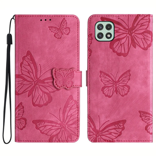 Butterfly Imprinted Shell for Samsung Galaxy A22 5G (EU Version) Stand PU Leather Wallet Skin-touch Phone Cover - Rose - 1
