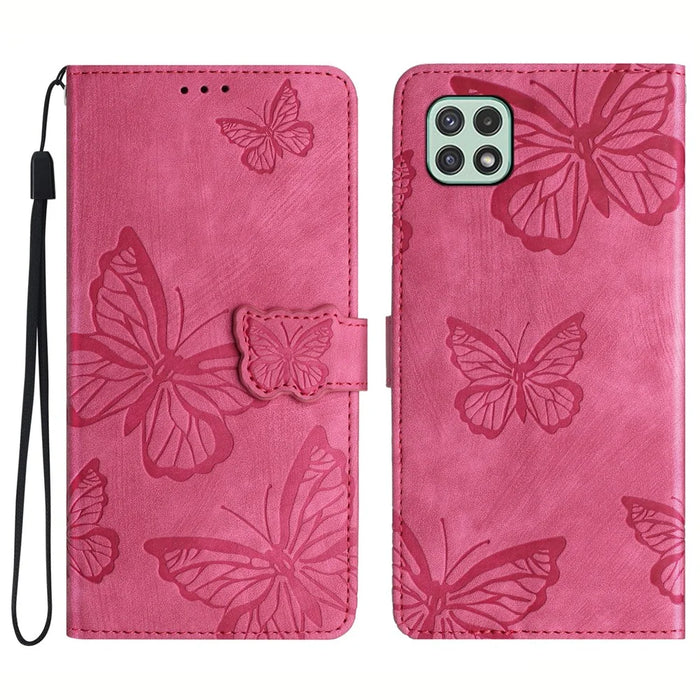Butterfly Imprinted Shell for Samsung Galaxy A22 5G (EU Version) Stand PU Leather Wallet Skin-touch Phone Cover - Rose - 1