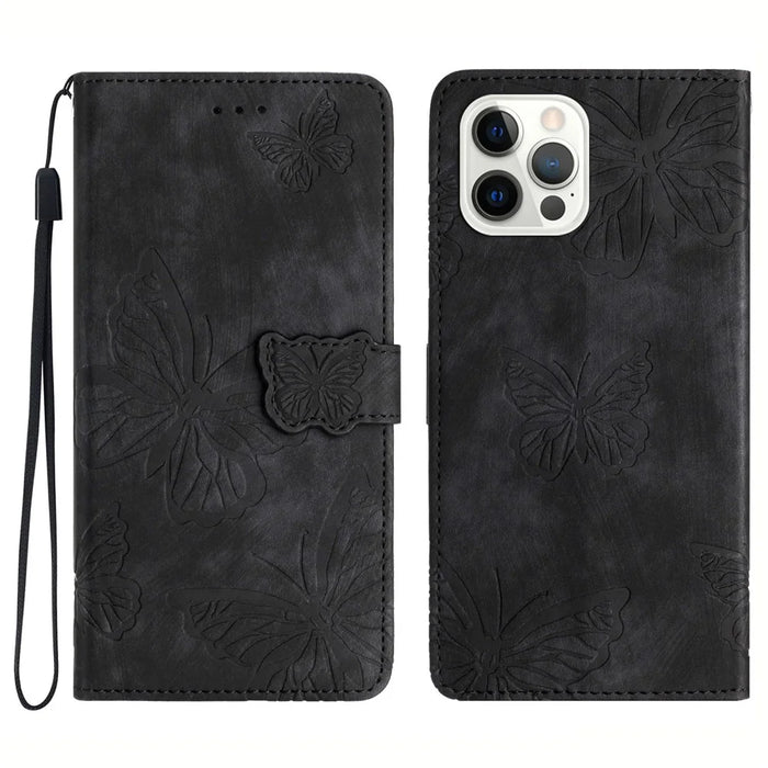 For iPhone 13 Pro 6.1 inch PU Leather Butterfly Imprinted Stand Wallet Case Skin-touch Phone Cover - Black - 1
