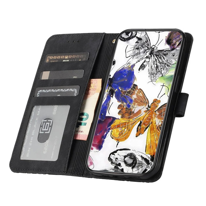 For iPhone 13 Pro 6.1 inch PU Leather Butterfly Imprinted Stand Wallet Case Skin-touch Phone Cover - Black - 2