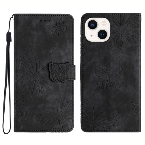 PU Leather Shell for iPhone 13 mini 5.4 inch Stand Wallet Case Butterfly Imprinted Skin-touch Phone Cover - Black - 1