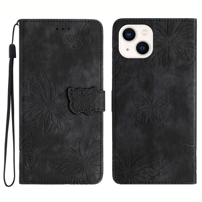 PU Leather Shell for iPhone 13 mini 5.4 inch Stand Wallet Case Butterfly Imprinted Skin-touch Phone Cover - Black - 1