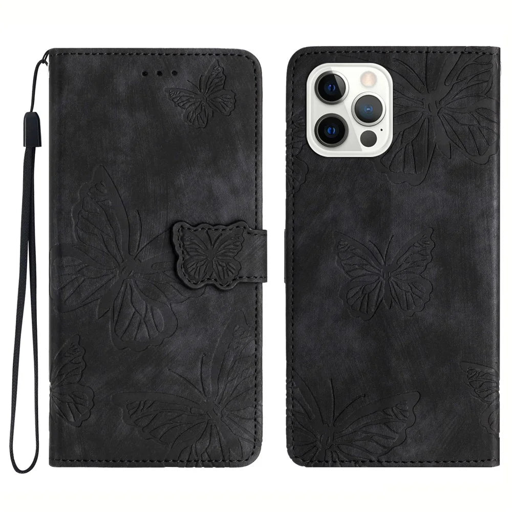 Stand Wallet Case for iPhone 14 Pro PU Leather Butterfly Imprinted Skin-touch Phone Cover - Black - 1
