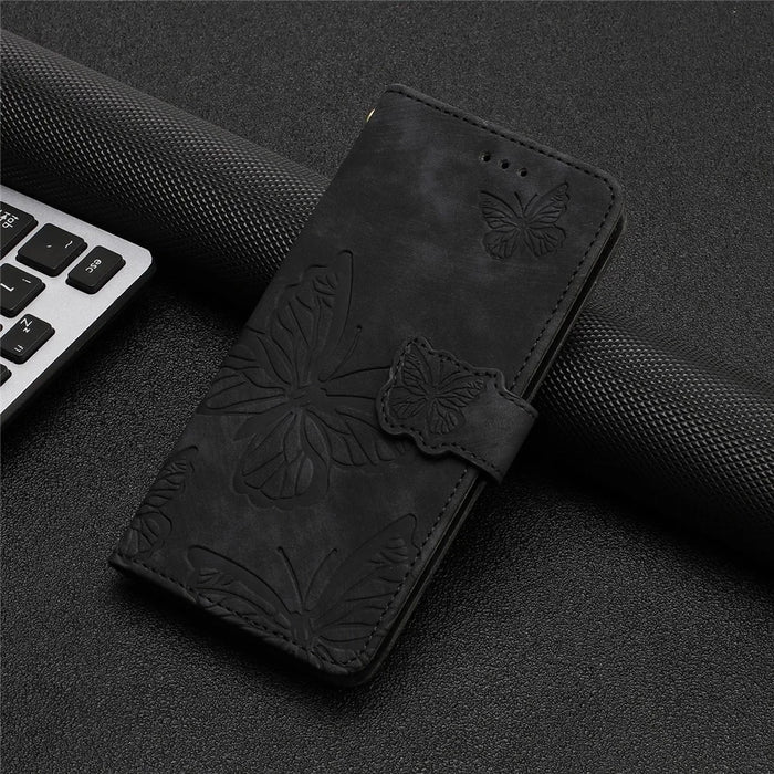 Stand Wallet Case for iPhone 14 Pro PU Leather Butterfly Imprinted Skin-touch Phone Cover - Black - 7