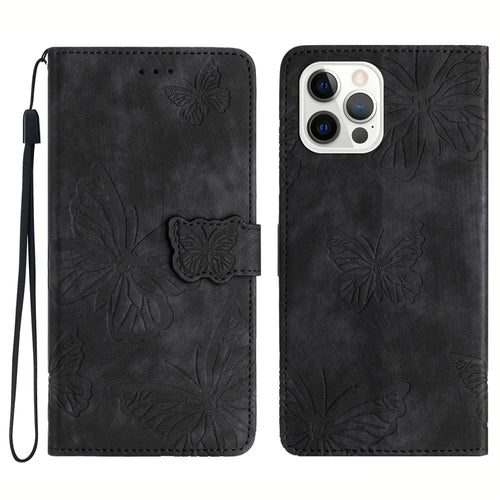 For iPhone 12 / 12 Pro 6.1 inch Skin-touch PU Leather Stand Wallet Case Butterfly Imprinted Phone Cover - Black - 1