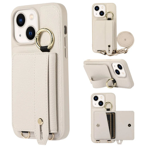 Leather+TPU Cover for iPhone 13 / 14 6.1 inch Card Holder Hand Strap Kickstand Phone Case with Shoulder Strap - White - 1