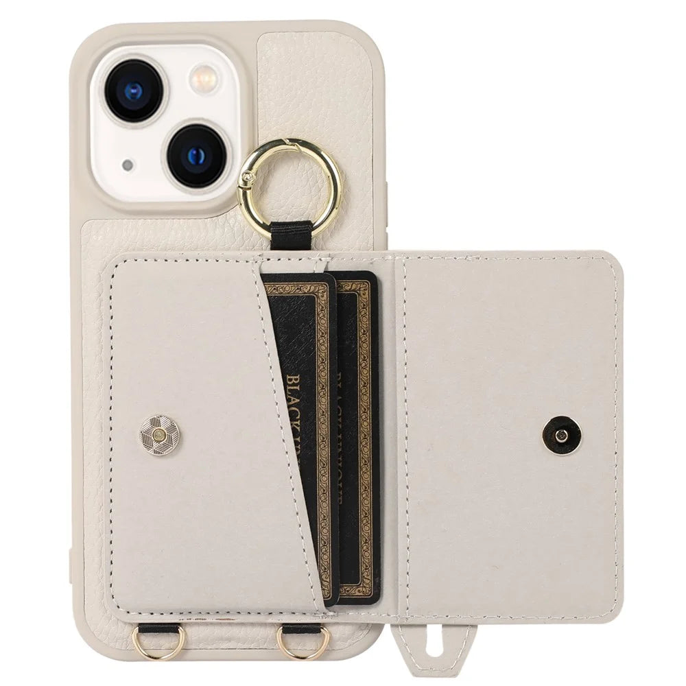 Leather+TPU Cover for iPhone 13 / 14 6.1 inch Card Holder Hand Strap Kickstand Phone Case with Shoulder Strap - White - 2