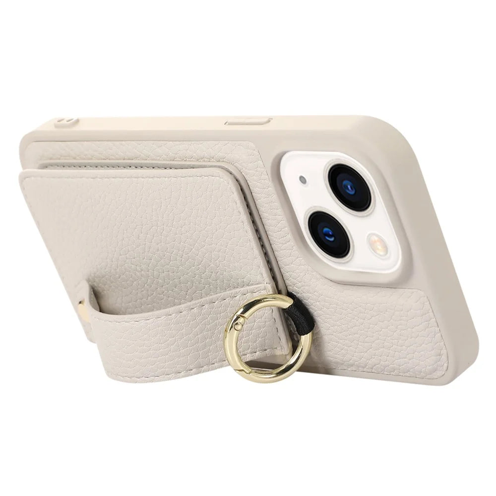 Leather+TPU Cover for iPhone 13 / 14 6.1 inch Card Holder Hand Strap Kickstand Phone Case with Shoulder Strap - White - 3