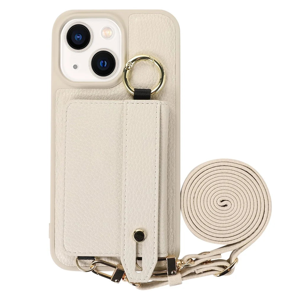 Leather+TPU Cover for iPhone 13 / 14 6.1 inch Card Holder Hand Strap Kickstand Phone Case with Shoulder Strap - White - 5