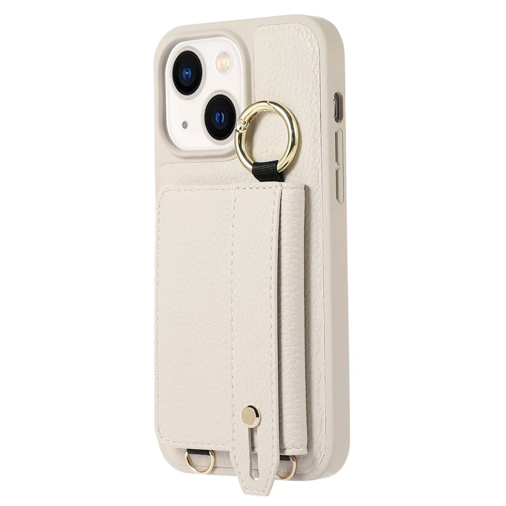 Leather+TPU Cover for iPhone 13 / 14 6.1 inch Card Holder Hand Strap Kickstand Phone Case with Shoulder Strap - White - 6
